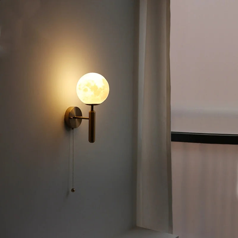 Afralia™ Moon LED Wall Lamp with Pull Chain Switch and Copper Base