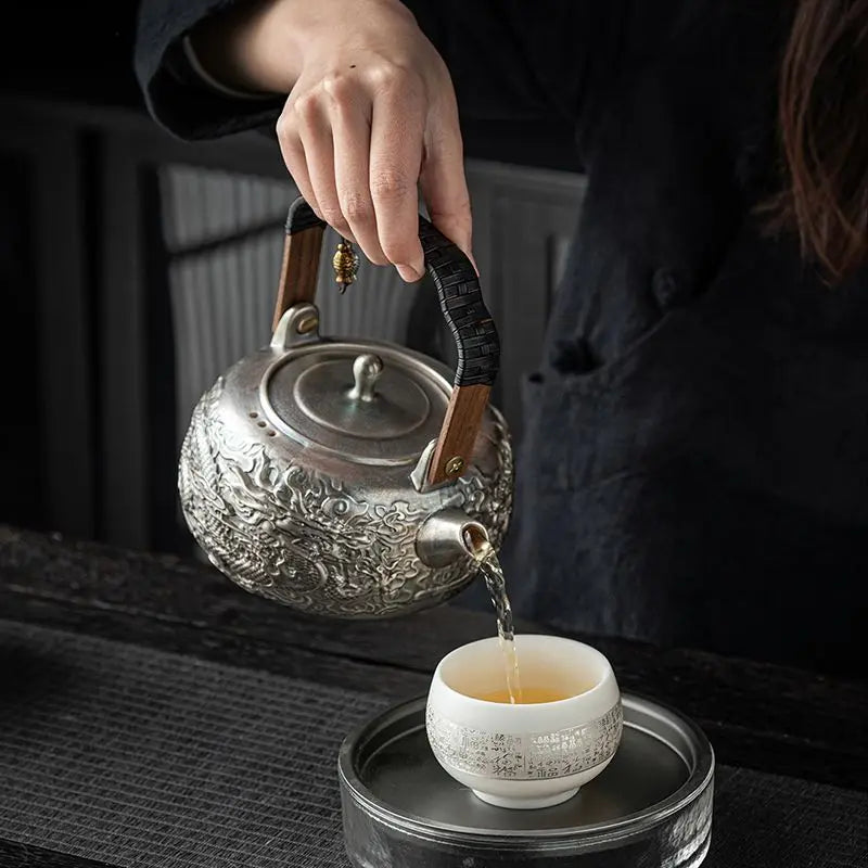 Afralia™ Longteng World Kung Fu Tea Set with Silver Pot, Vintage Year of the Loong Theme.