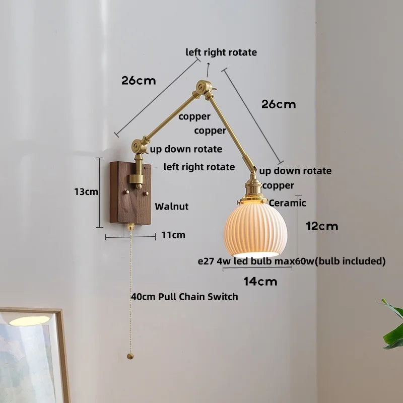 Afralia™ Wood LED Wall Sconce Pull Chain Switch Rotatable 2 Arms Stair Light