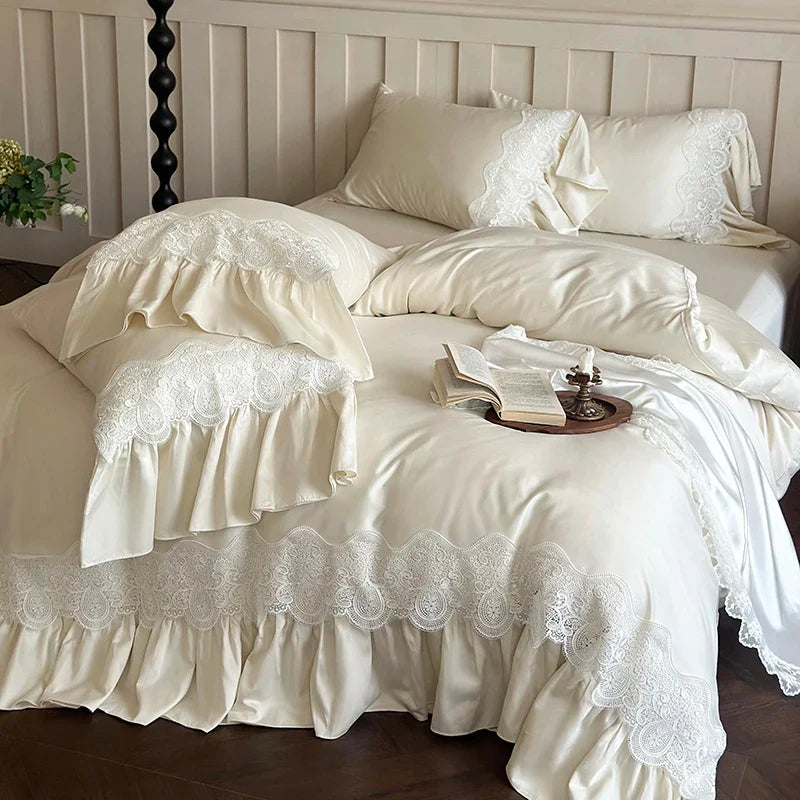 Afralia™ French Lace Ruffle Princess Wedding Bedding Set with Brushed Duvet Cover & 2 Pillowcases