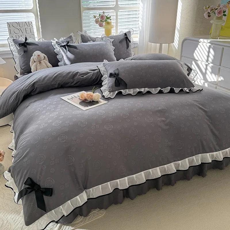 Afralia™ Lace Bow Bed Skirt Bedding Set in Romantic Solid Color for King Queen Double Sizes