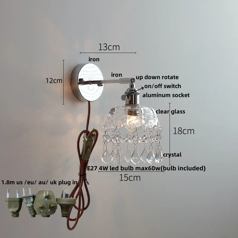 Afralia™ Crystal Iron LED Wall Light Modern Bedside Lamp Clear Glass Wandlamp