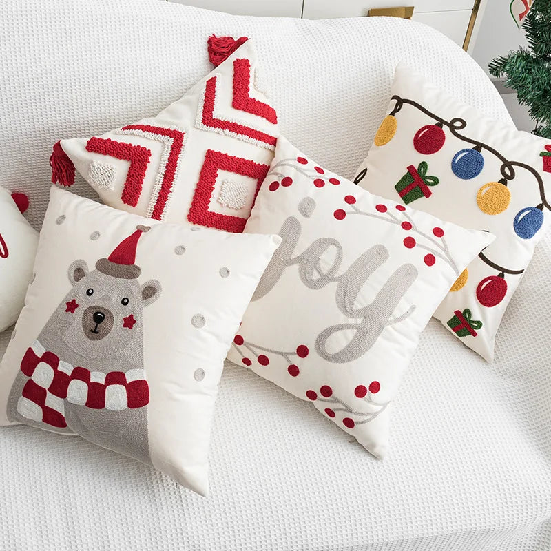 Afralia™ Christmas Embroidered Red Geometric Cushion Cover - Festive Holiday Throw Pillow Cover