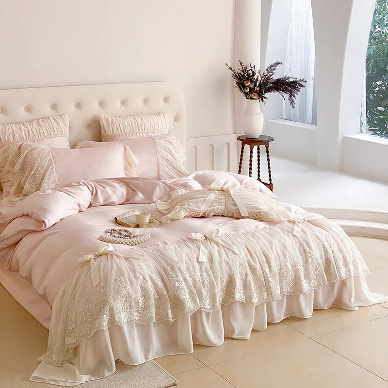 Afralia™ Pink Lace Ruffles Princess Wedding Bedding Set with Lyocell Eucalyptus Fiber