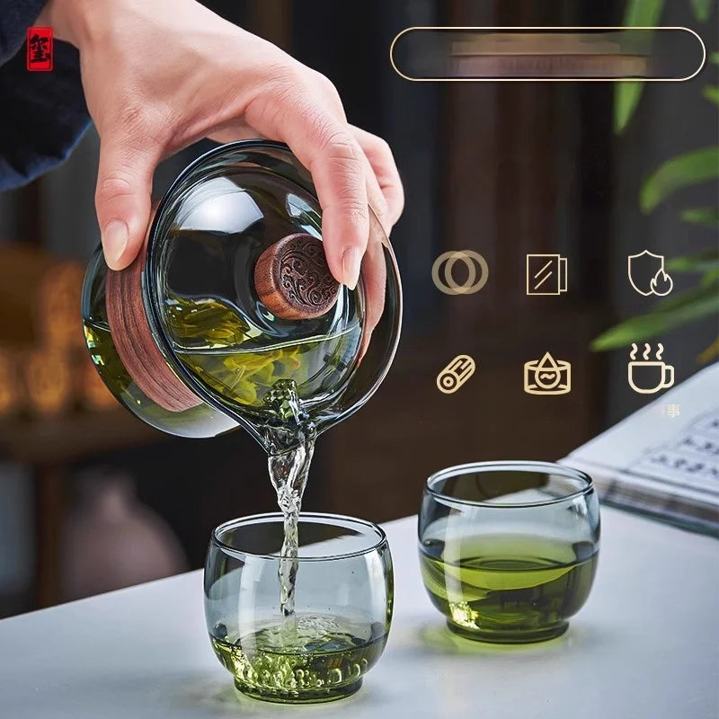 Afralia™ Glass Teapot Set: Chinese Kung Fu Tea Bamboo Tray & Quick Drain Storage