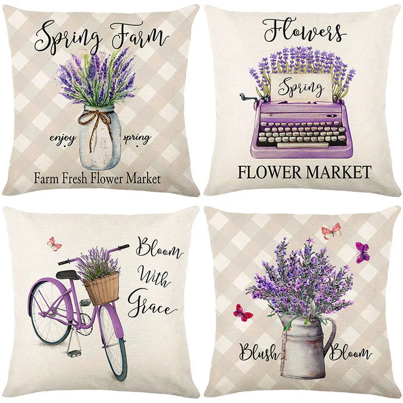 Afralia™ Lavender Flower Linen Pillowcase for Sofa Car, Living Room Decor, Throw Pillow Case