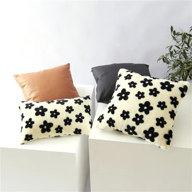 Afralia™ Black/White Flower Cow Pattern Plush Cushion Cover 50x50 - Double Sided Print