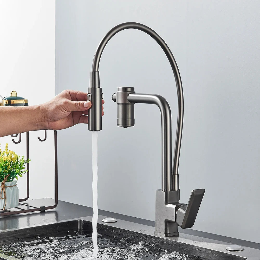 Afralia™ Gun Grey Filtered Water Kitchen Faucet with Pull Down Sprayer