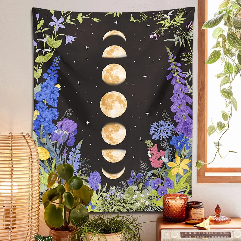 Afralia™ Moon Phase Purple Plant Star Floral Wall Tapestry