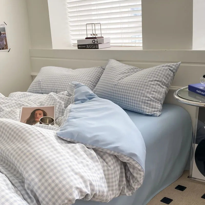 Afralia™ Japanese Grid Printed Cotton Bedding Set in Queen/King for Cozy Sleep