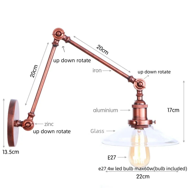 Afralia™ Swing Arm LED Wall Lights Pull Chain Switch Glass Ball Industrial Home Decor