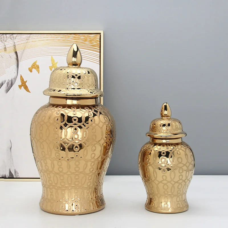 Afralia™ Golden Pattern Porcelain Ginger Jar Vase with Lid for Home Decor