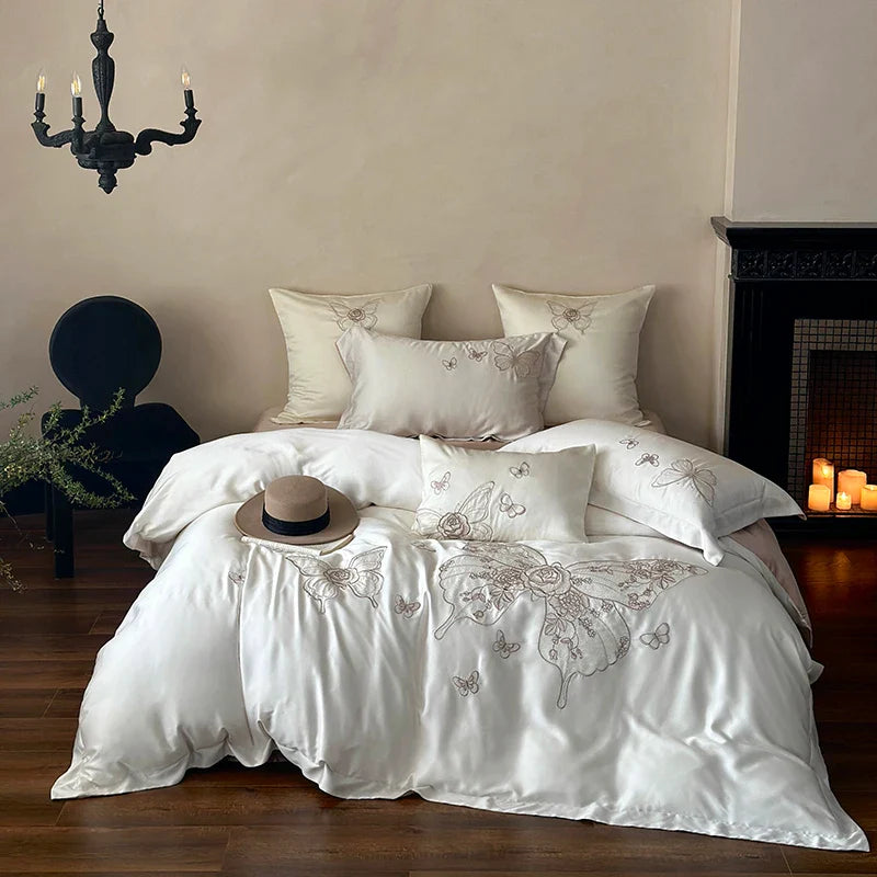 Afralia™ Butterfly Flowers Embroidery 800TC Eucalyptus Fiber Bedding Set