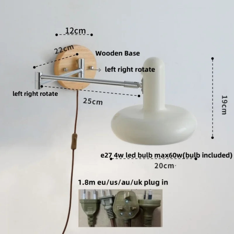 Afralia™ Modern Glass Swimg Arm LED Wall Lights for Study Bar Hotel Rotate Wood Bedside Lamp