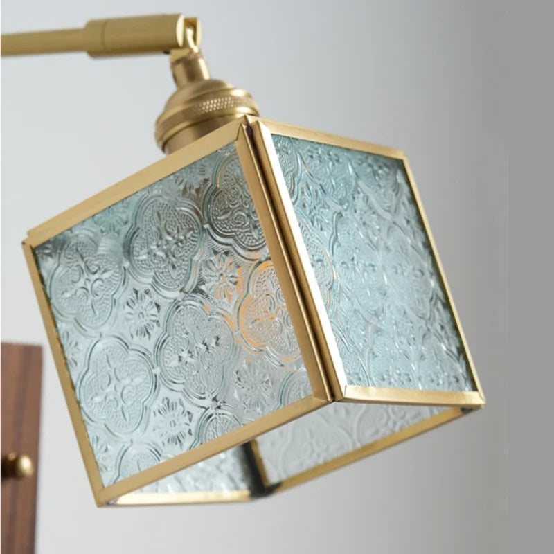 Afralia™ Cube Glass LED Wall Sconce Walnut Wood 2 Arms Rotatable Mirror Light
