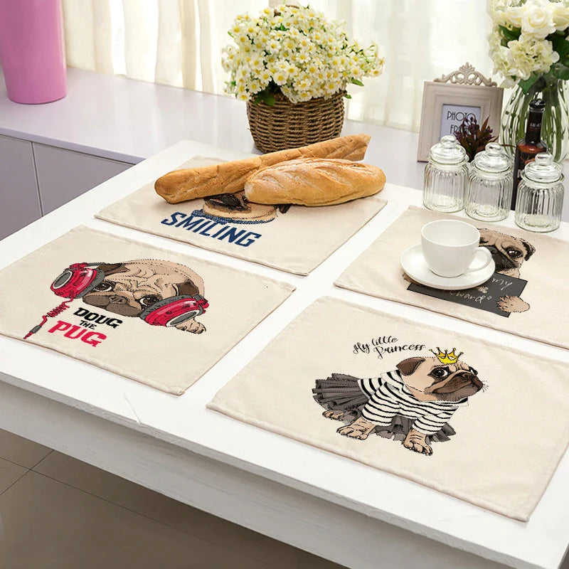 Afralia™ Cute Dog Linen Dining Mats Coasters 42*32cm Home Decor
