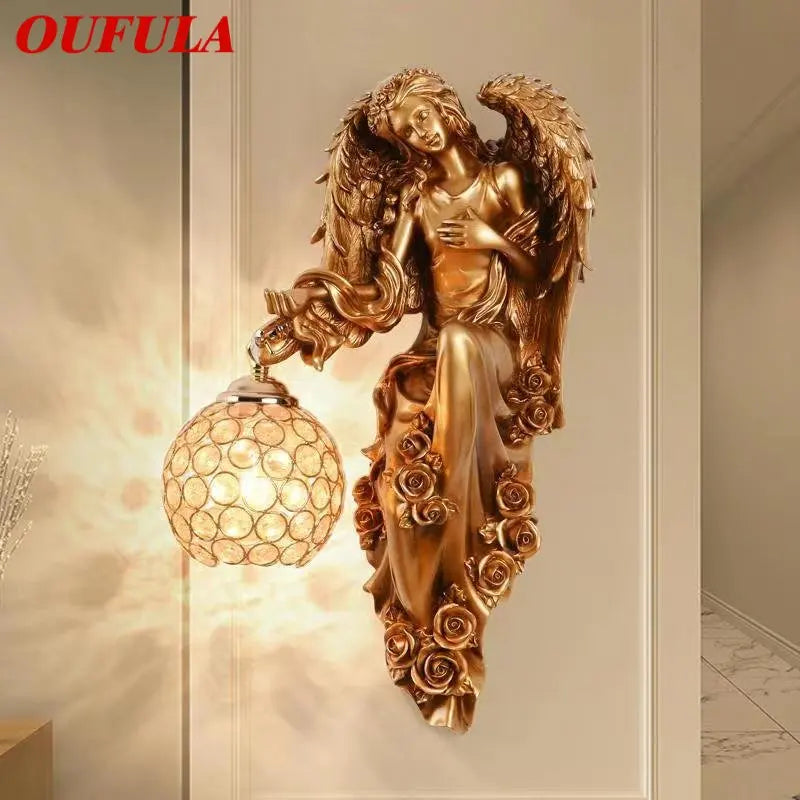 Afralia™ Angel Indoor Wall Light LED Gold Resin Sconce for Home Decor