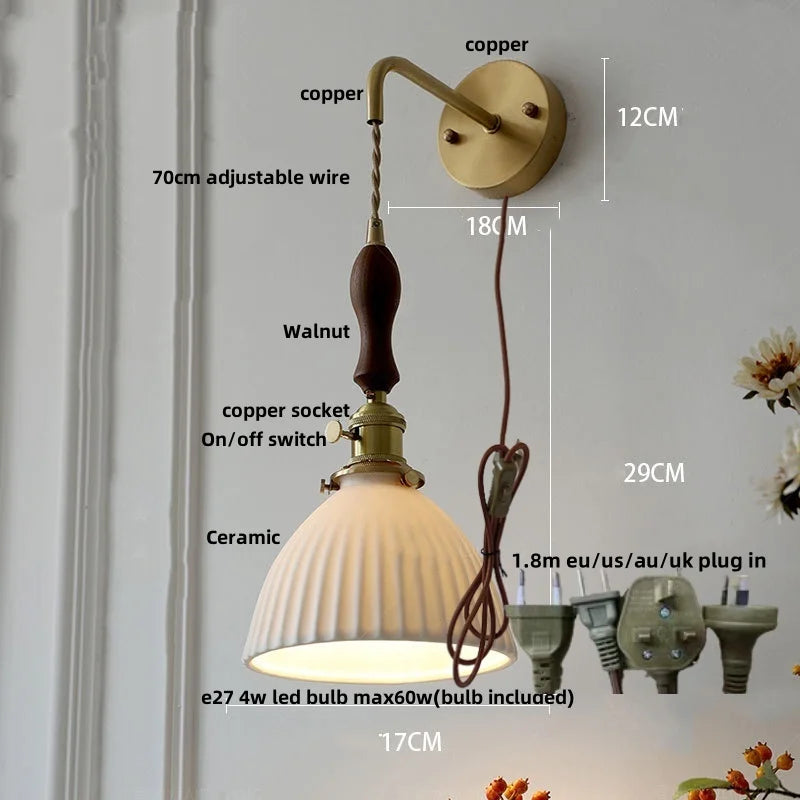 Afralia™ Ceramic Copper Wall Light Fixture with Pull Chain Switch, E27 LED, Modern Nordic Design