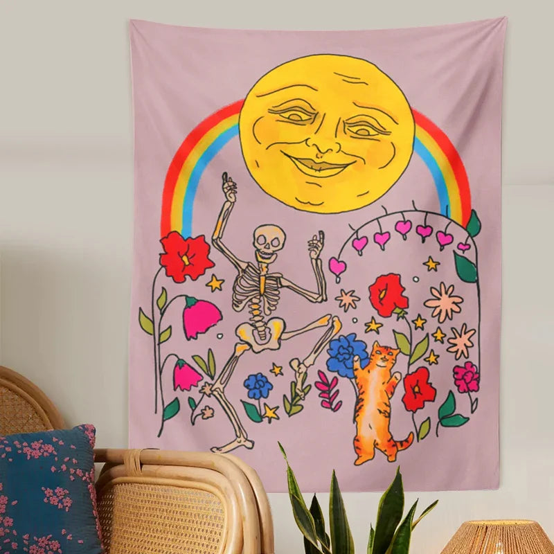 Flower Cats Moon Tapestry Wall Hanging Rainbow Carpet Tapestries for Boho Decor by Afralia™