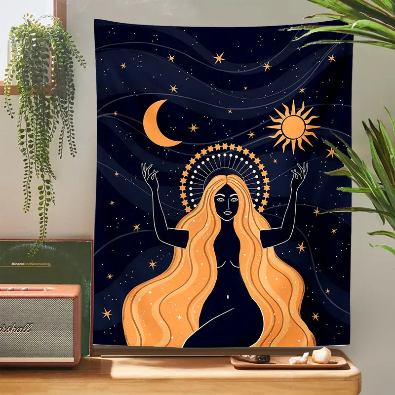 Moon Phase Girl Tapestry Wall Hanging Boho decor Afralia™ Witchcraft Tapestries Bedroom Girl's room