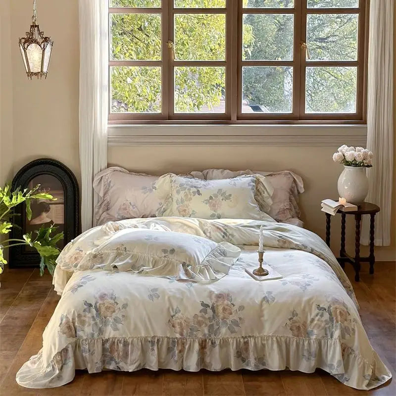 Afralia™ French Rose Flowers Print Bedding Set, Elegant Ruffles Princess Collection