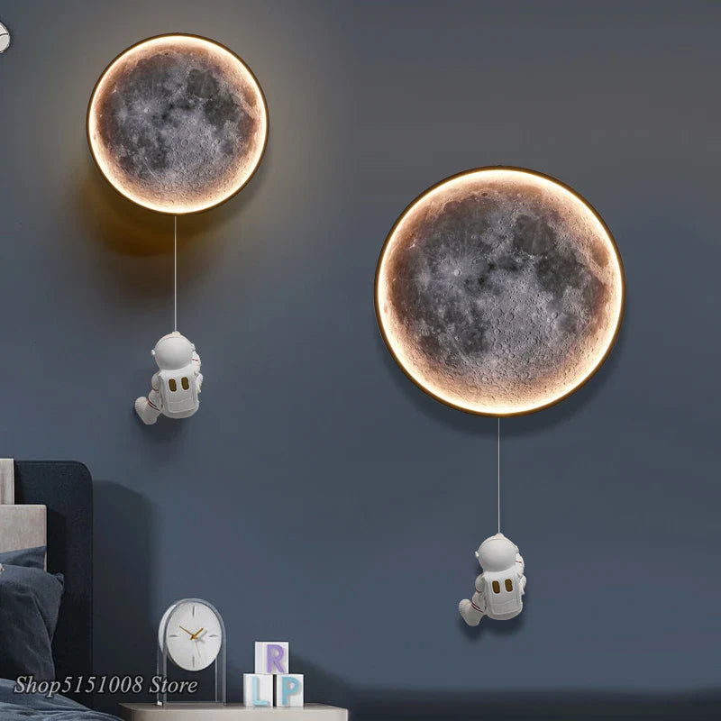 Afralia™ Moon Astronaut LED Wall Lamp for Bedroom, Children's Room, and TV Background