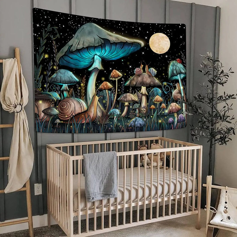 Afralia™ Mushroom Snail Moon Anime Tapestry Cute Dark Nature Wall Hanging