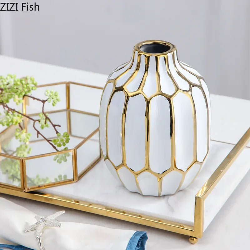 Afralia™ White Gilt Stripes Ceramic Vase - Modern Home Decor & Office Craft