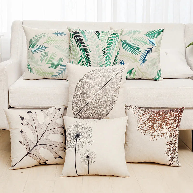 Afralia™ Green Plant Leaves Flower Linen Cushion Cover - Modern Sofa Throw Pillow Cover