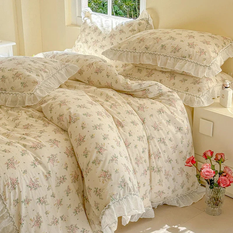 Afralia™ Floral Lace Ruffle Cotton Bedding Set with Quilt Cover, Duvet Cover, and Pillowcases
