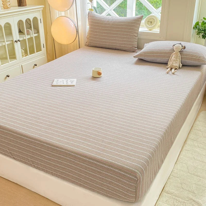 Afralia™ Cotton Jacquard Fitted Sheet Set with 2 Pillowcases, Dustproof & Anti-Slip