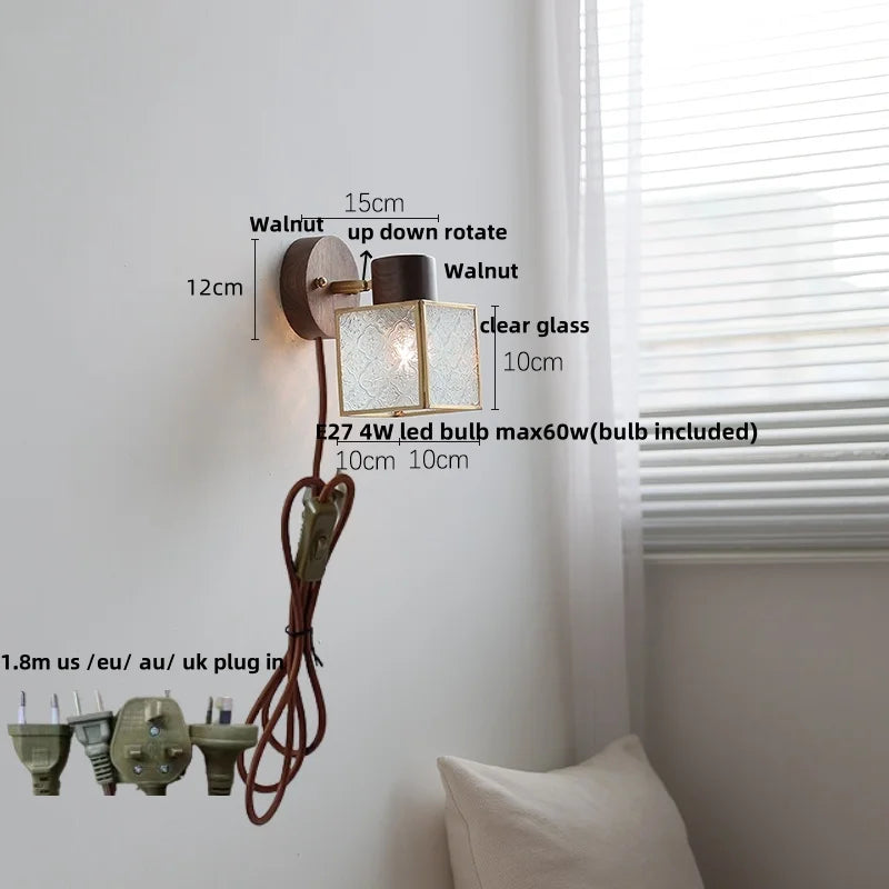 Afralia™ Modern Walnut Wood LED Wall Light Fixture Glass Bedroom Living Room Sconce