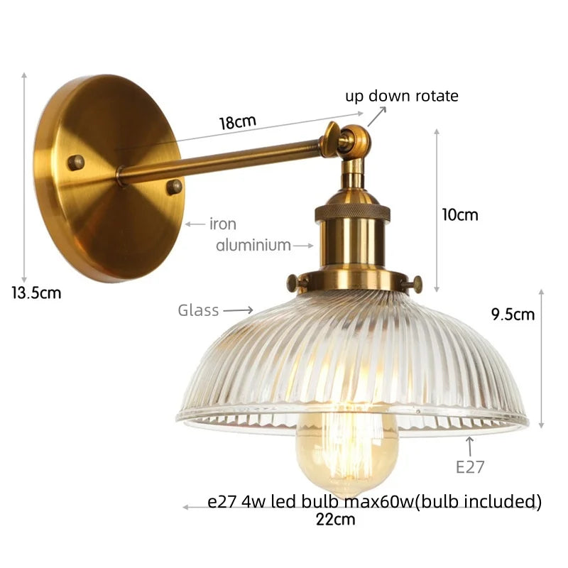 Afralia™ Glass Industrial LED Wall Sconce with Pull Chain Switch, Vintage Bedside Light