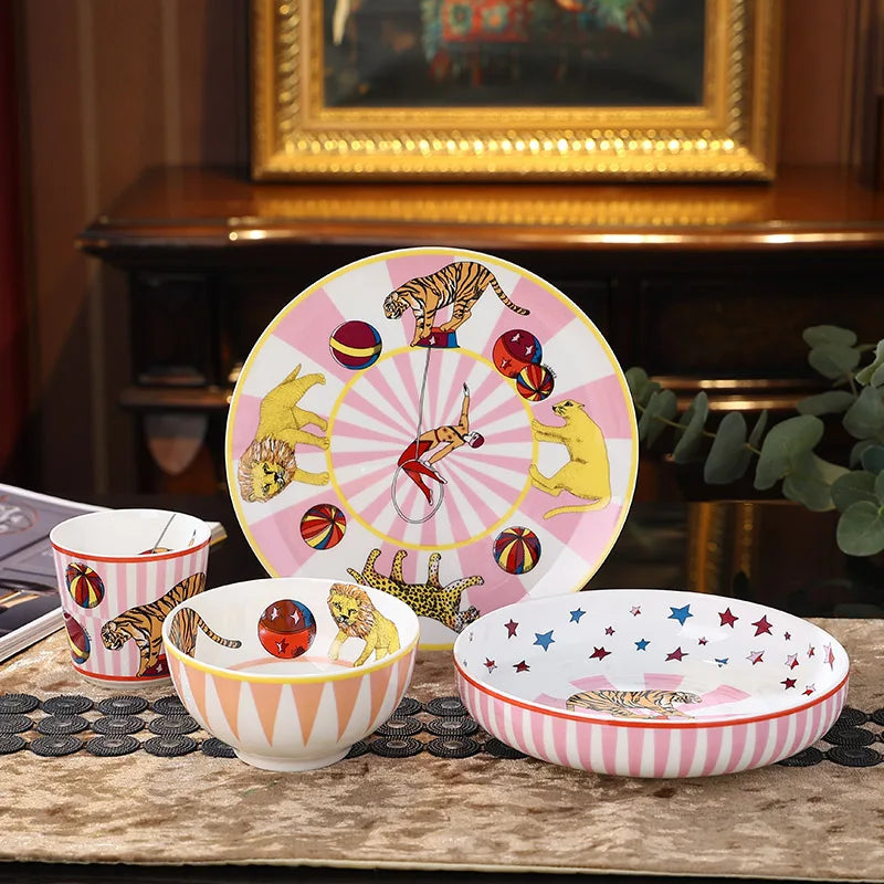 Afralia™ Circus Troup Kids Tableware Set - Plates, Bowls, Cup, Pot, Dish - Children's Gift