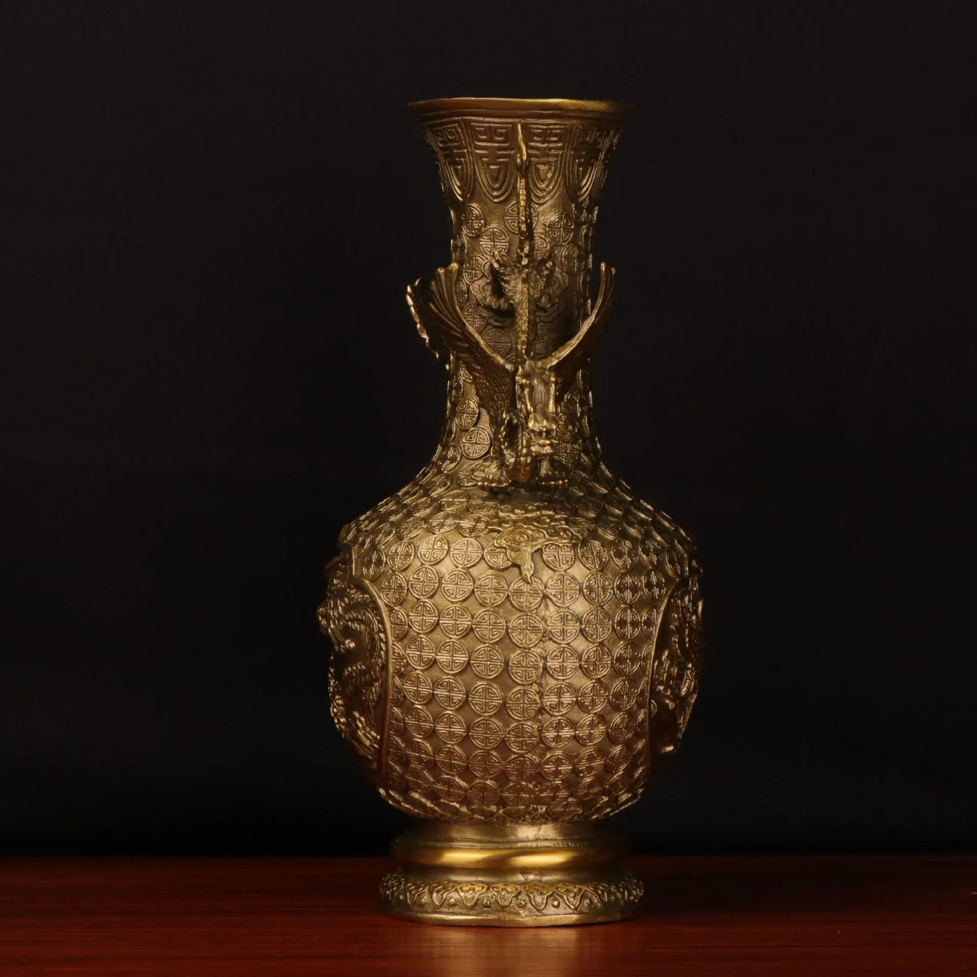 Afralia™ Copper Dragon Phoenix Vase Pair Double Dragon Ears Pine Crane Feng Shui Ornament