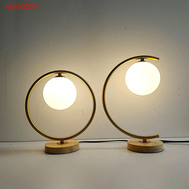 Afralia™ Nordic Glass Ball Wood Table Lamp Bedroom Living Room Decor Light