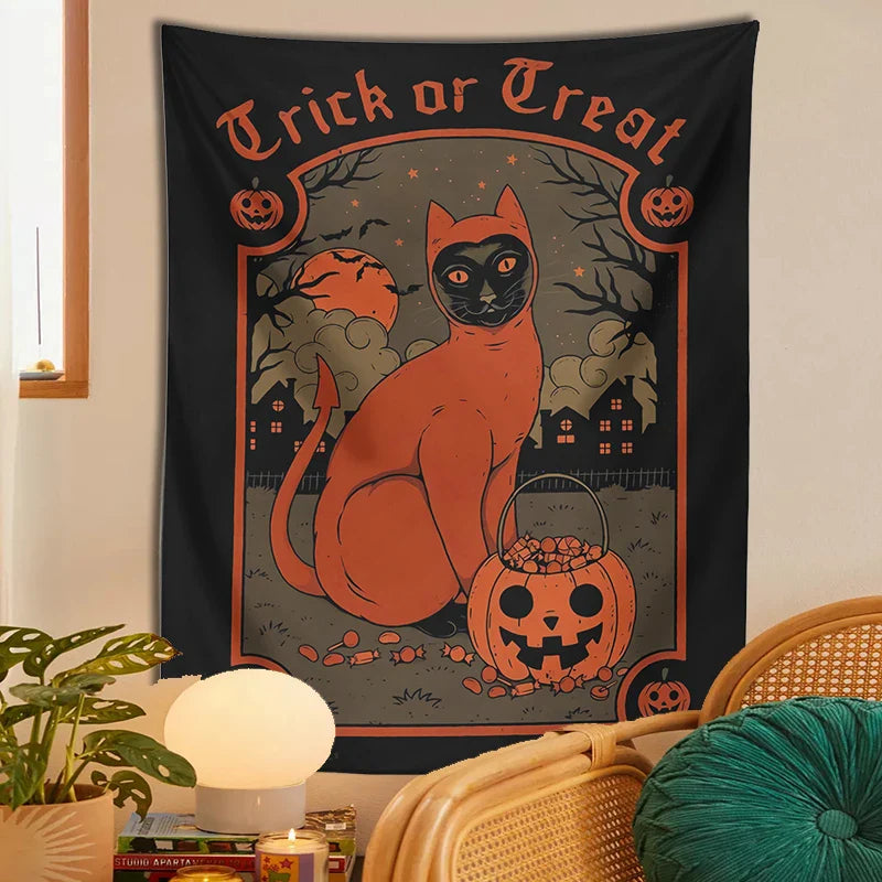 Afralia™ Halloween Cat Tapestry Wall Hanging for Sweet & Spooky Home Decor