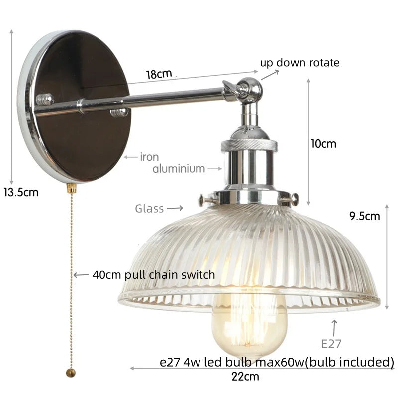 Afralia™ Black LED Wall Lamp Vintage Style Iron Bedside Light Glass Wall Sconce