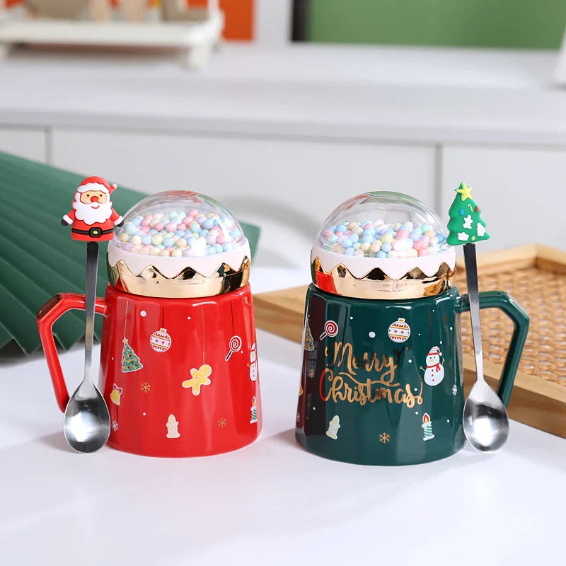 Afralia™ Christmas Planet Ceramic Mug with Lid, Spoon - Xmas Gift Cofee Cup