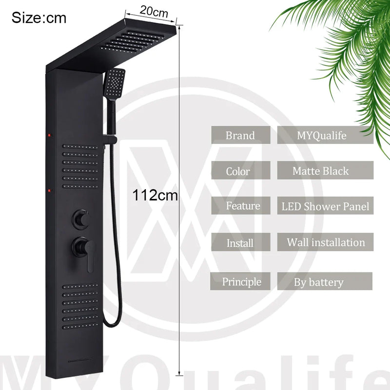 Afralia™ Matte Black LED Shower Panel with Waterfall Rain Shower and Massage Jets