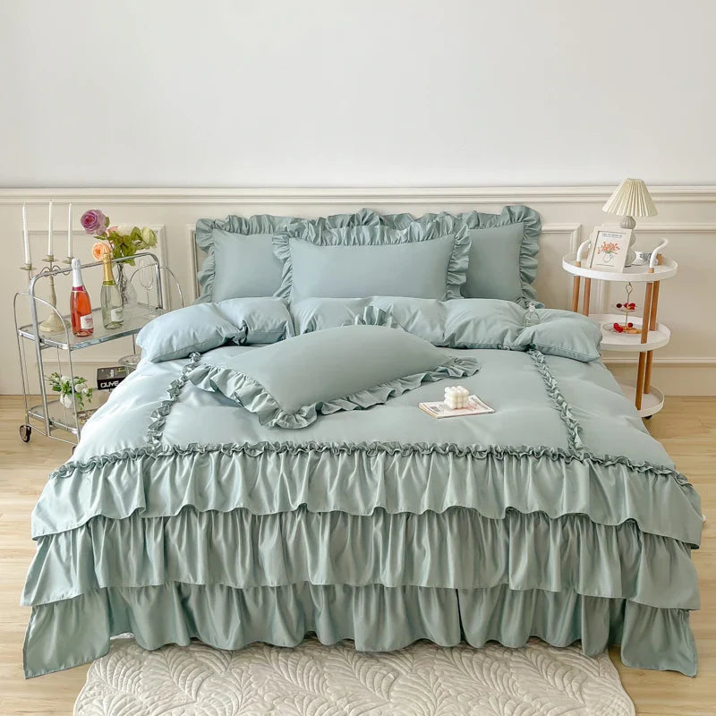 Afralia™ Lace Ruffle Princess Bedding Set with Bed Skirt & Pillowcases