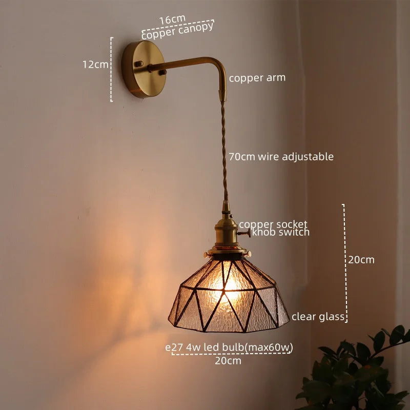 Afralia™ Copper Glass Pull Chain LED Wall Sconce for Indoor Living Room Stairway Lighting
