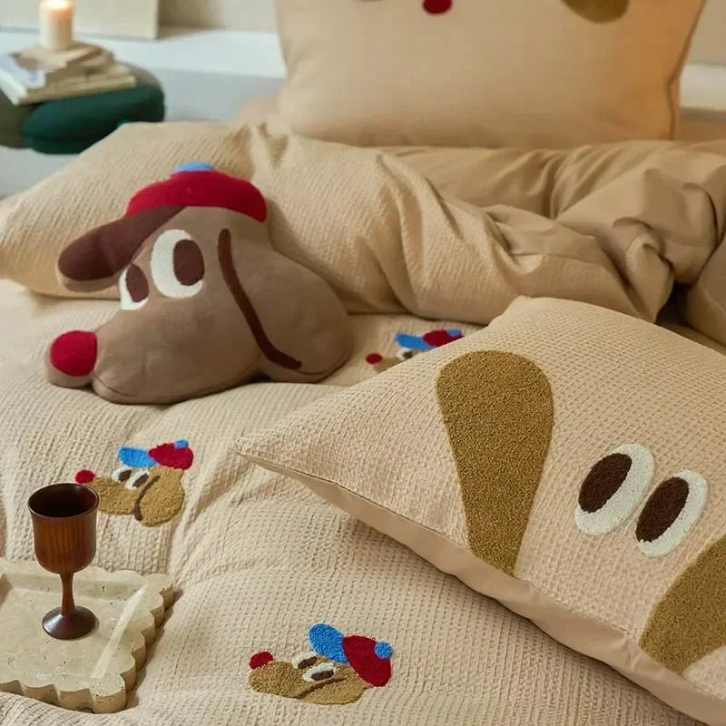 Afralia™ Waffle Embroidered Cotton Bedding Set with Sheet, Pillow, and Cover - Luxe, Cozy