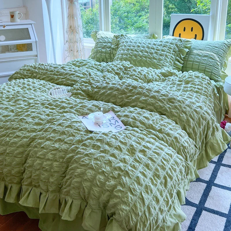 Afralia™ Korean Princess Soft Bedding Set, Wash Cotton Solid Color Duvet Cover Collection