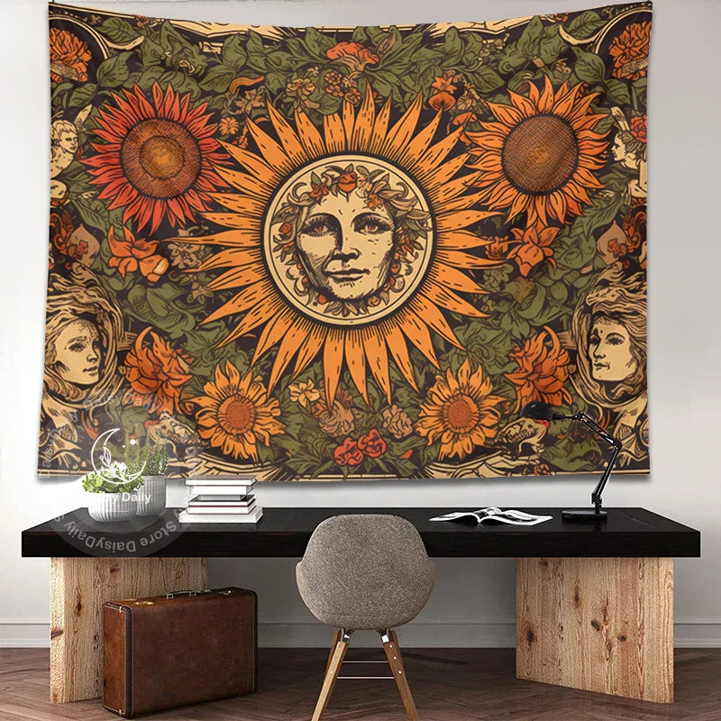 Sunflower Tapestry Wall Hanging Retro Bohemian Floral Decor Cloth by Afralia™