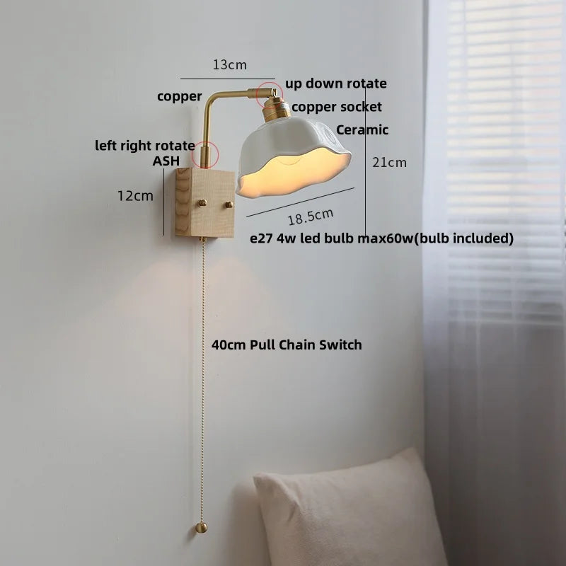 Afralia™ Nordic LED Wall Light with Pull Chain Switch, Rotatable Design in Walnut Copper & Ceramic