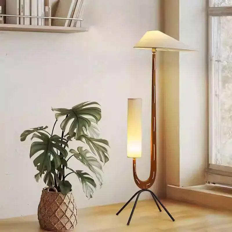 Afralia™ Solid Wood Fabric LED Floor Lamp Vintage Living Room Bedroom Standing Light