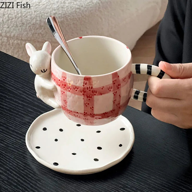 Afralia™ Rabbit Cartoon Ceramic Cup & Saucer Set for Dining Table and Coffee | Tea Mug
