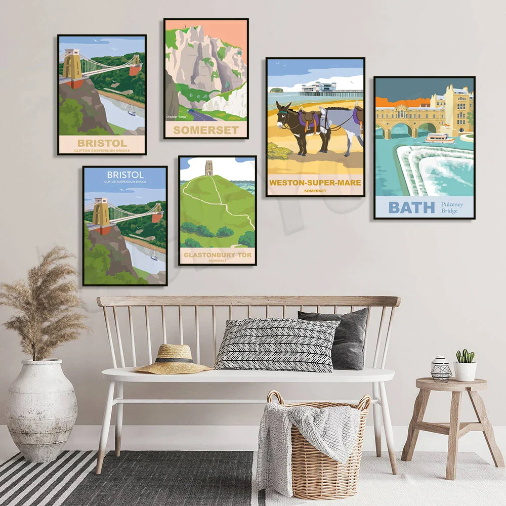 Wells Cathedral, Weston-super-Mare, Avebury Stone Circle, Clifton Suspension Bridge Travel Poster by Afralia™