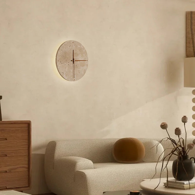 Afralia™ Natural Stone Clock Art Round Wall Lamp LED Sconce Bedroom Decor